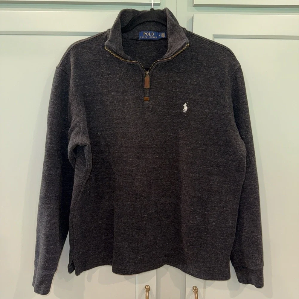 Polo Ralph Lauren Mens Quarter Zip Pullover Sweater Heather Grey Medium Cotton